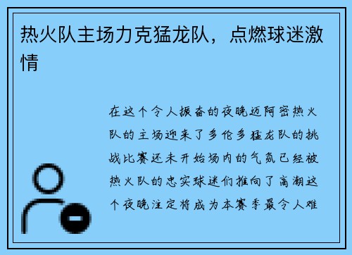 热火队主场力克猛龙队，点燃球迷激情