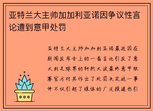 亚特兰大主帅加加利亚诺因争议性言论遭到意甲处罚