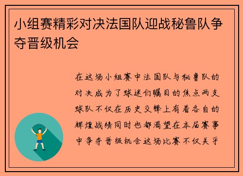 小组赛精彩对决法国队迎战秘鲁队争夺晋级机会